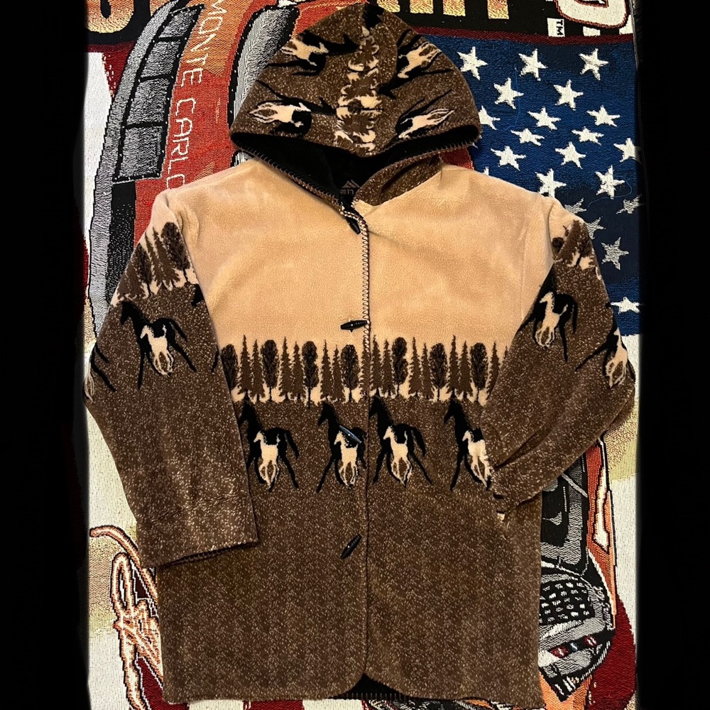 Vintage Denali Reversible Horse Fleecey Hooded Duffle Jacket (S)